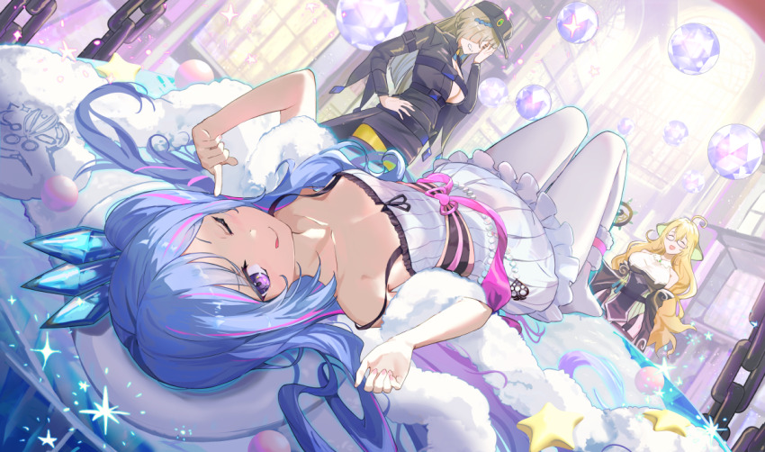 3girls, ;q, ^_^, blonde_hair, blue_hair, blush, breasts, chain, cleavage, closed_eyes, dress, duel_monster, feather_boa, genni_(yu-gi-oh!), glasses, hand_on_own_hip, hat, hsin, long_hair, looking_at_viewer, multiple_girls, one_eye_closed, open_mouth, pantyhose, purple_eyes, rilliona_(yu-gi-oh!), small_breasts, tongue, tongue_out, twintails, white_pantyhose, witchcrafter_genni, witchcrafter_haine, witchcrafter_madame_verre, yu-gi-oh!