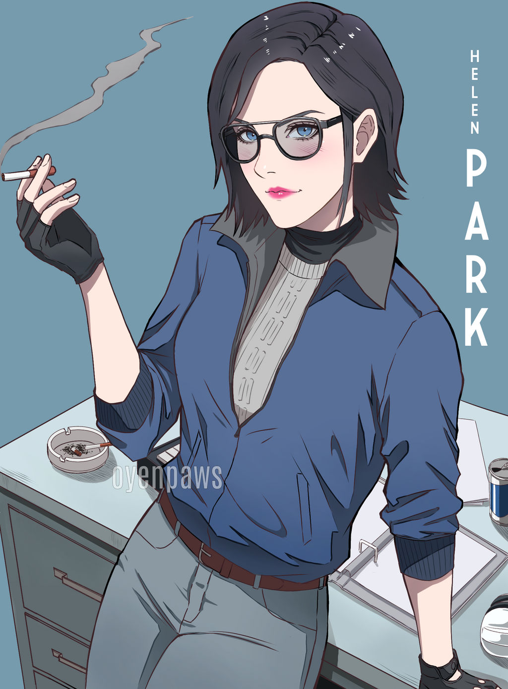 1girl, arm_rest, artist_name, ashtray, belt, binder, black-framed_eyewear, black_gloves, black_hair, black_shirt, blue_background, blue_eyes, blue_jacket, brown_belt, call_of_duty, call_of_duty:_black_ops_cold_war, call_of_duty:_mobile, call_of_duty:_warzone, can, character_name, cigarette, closed_mouth, commentary, desk, drawer, drink, english_commentary, eyelashes, fingerless_gloves, glasses, gloves, grey-framed_eyewear, grey_jacket, grey_pants, grey_sweater, hair_behind_ear, helen_a._park, highres, holding, holding_cigarette, jacket, leaning_on_object, lipstick, looking_at_viewer, makeup, multicolored_jacket, nose, oyenpaws, pants, pink_lips, pocket, shirt, short_hair, simple_background, smoke, smoking, solo, sweater, three-quarter_sleeves, tinted_eyewear, twitter_username, two-tone_jacket