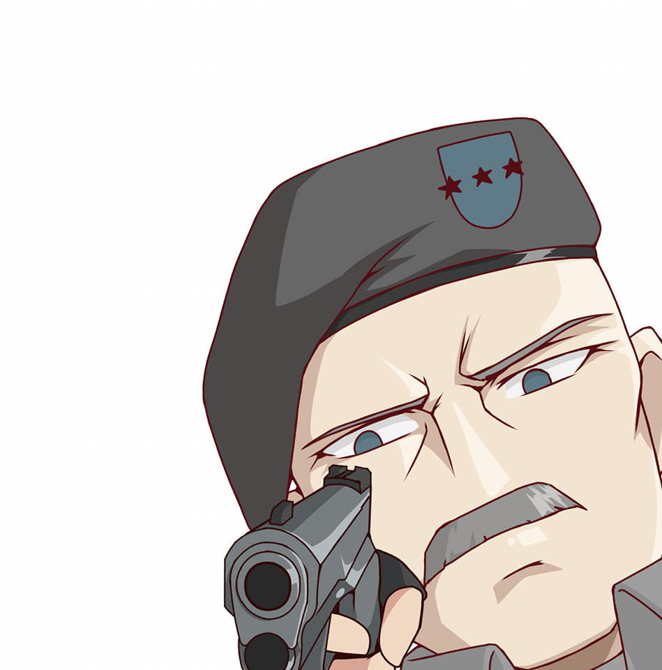 1boy, aiming, aiming_at_viewer, bald, beret, black_gloves, black_hat, blue_eyes