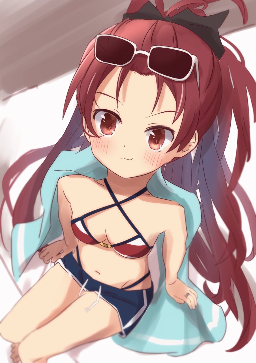 1girl, bikini, bikini_under_clothes, chokokuro, closed_mouth, criss-cross_halter, eyewear_on_head, halterneck