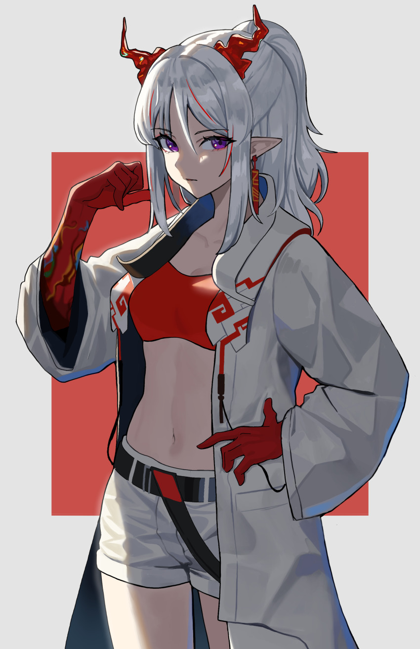 1girl, absurdres, arknights, bandeau, belt, black_belt, border, breasts