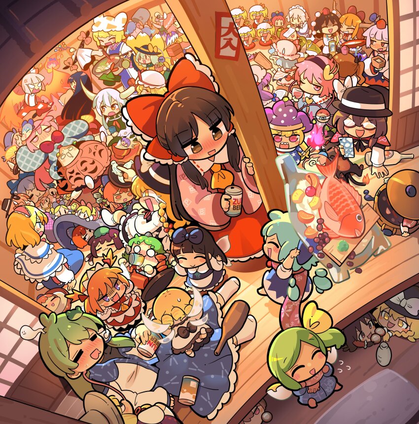 6+girls, absurdres, alcohol, alice_margatroid, anger_vein, animal, animal_ears, animal_hat