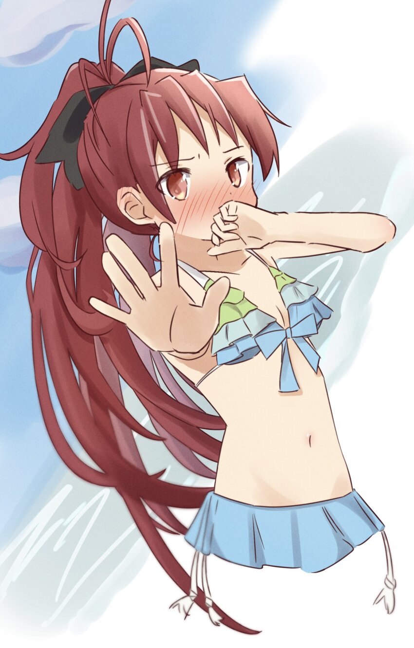 1girl, bikini, bikini_skirt, black_bow, blue_bikini, blush, bow, breasts, chokokuro, cleavage, frilled_bikini, frills, front-tie_bikini_top, front-tie_top, full-face_blush, green_bikini, highres, long_hair, mahou_shoujo_madoka_magica, mahou_shoujo_madoka_magica_(anime), medium_breasts, navel, no_legs, ponytail, red_eyes, red_hair, sakura_kyoko, shy, solo, swimsuit, very_long_hair