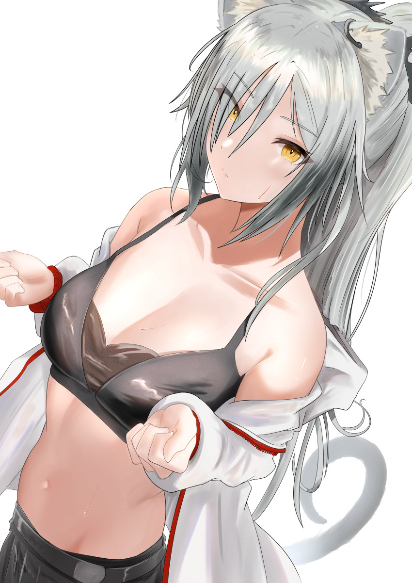 1girl, absurdres, animal_ears, arknights, bare_shoulders, breasts, camisole, cat_ears
