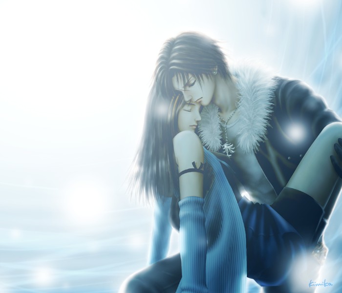 1990s_(style), 1boy, 1girl, bike_shorts, black_hair, brown_hair, couple, detached_sleeves, closed_eyes, final_fantasy, final_fantasy_viii, streaked_hair, jacket, jewelry, kimika, long_hair, multicolored_hair, necklace, pants, rinoa_heartilly, shirt, short_hair, squall_leonhart, white_shirt