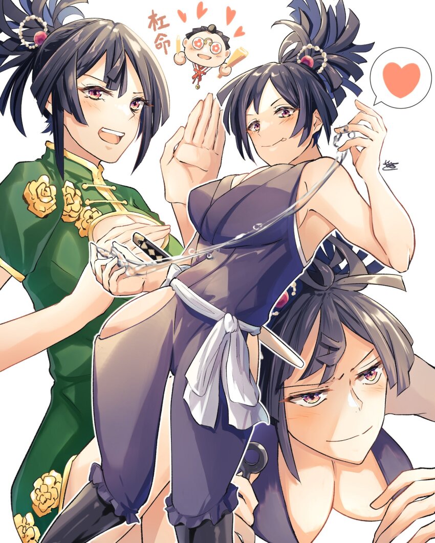 1boy, 1girl, black_hair, black_robe, breasts, brown_hair, chibi, chibi_inset, china_dress, chinese_clothes, cleavage, cleavage_cutout, clothing_cutout, dress, glasses, green_dress, grey_background, hair_ornament, hanna_(y_m_d_jgkrk), heart, highres, hip_vent, jigokuraku, large_breasts, looking_at_viewer, looking_to_the_side, ninja, open_mouth, robe, short_hair, short_sword, simple_background, sleeveless, slime_(substance), smile, spoken_heart, sword, thick_thighs, thighs, tongue, tongue_out, topknot, weapon, yamada_asaemon_senta, yuzuriha_(jigokuraku)