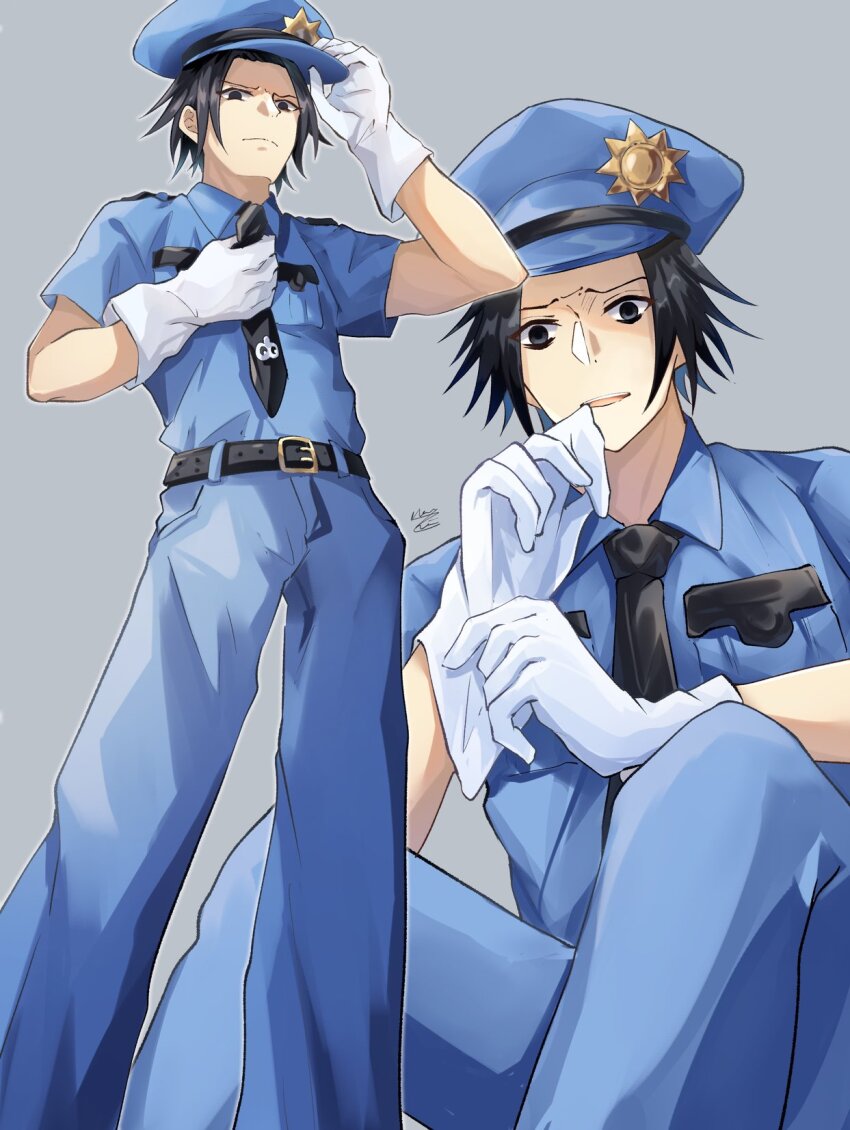 1boy, adjusting_clothes, adjusting_gloves, adjusting_headwear, adjusting_necktie, black_hair, black_necktie, blue_headwear