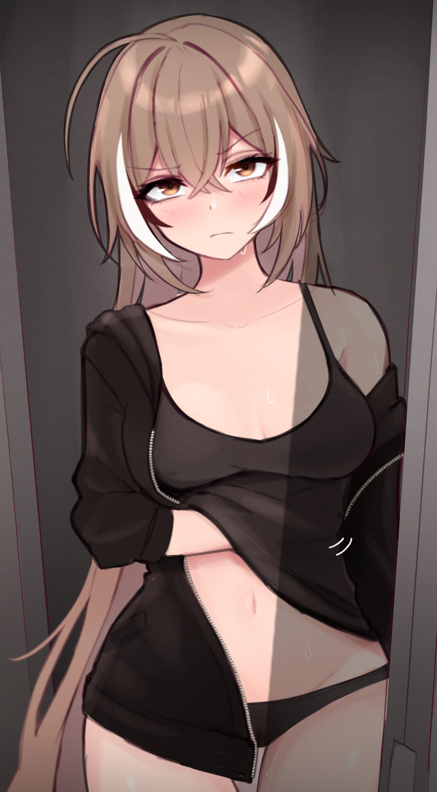 1girl, absurdres, black_camisole, black_jacket, black_panties, blush, breasts, brown_eyes, brown_hair, camisole, commentary, cowboy_shot, doorway, english_commentary, groin, hair_between_eyes, hair_down, highres, hololive, hololive_english, jacket, long_hair, long_sleeves, looking_at_viewer, m_r_b, medium_breasts, multicolored_hair, nanashi_mumei, navel, off_shoulder, open_clothes, open_door, open_jacket, open_mouth, panties, scratching_stomach, single_bare_shoulder, solo, spaghetti_strap, streaked_hair, sweat, thigh_gap, underwear, very_long_hair, virtual_youtuber, white_hair