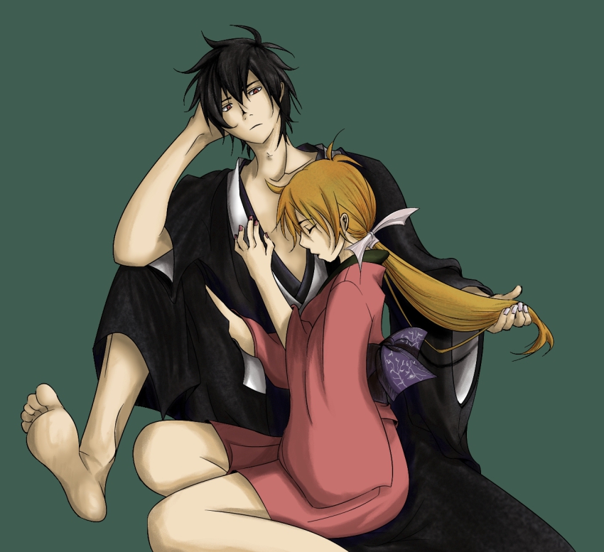 1boy, 1girl, black_hair, brown_hair, couple, demon_eyes_kyo, eri, closed_eyes, highres, japanese_clothes, kimono, long_hair, nail_polish, ponytail, red_eyes, ribbon, samurai_deeper_kyo, shiina_yuya, short_hair, sitting, white_ribbon