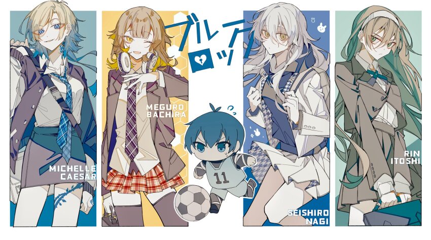 1boy, 4girls, bachira_meguru, bag, ball, black_skirt, black_thighhighs, blonde_hair, blue_eyes, blue_hair, blue_hoodie, blue_lock, blue_necktie, breasts, brown_hair, brown_skirt, character_name, closed_mouth, collared_shirt, commentary, genderswap, genderswap_(mtf), green_eyes, hairband, headphones, headphones_around_neck, highres, holding, holding_bag, holding_strap, hood, hood_down, hoodie, houndstooth, isagi_yoichi, itoshi_rin, jacket, leg_tattoo, long_hair, long_sleeves, looking_at_viewer, medium_breasts, michael_kaiser, multicolored_hair, multiple_girls, nagi_seishirou, necktie, one_eye_closed, open_clothes, open_jacket, open_mouth, plaid_clothes, plaid_skirt, pleated_skirt, shirt, short_hair, skirt, small_breasts, soccer_ball, soccer_uniform, sportswear, standing, untranslatable_commentary, tattoo, thighhighs, two-sided_fabric, two-tone_hair, white_background, white_hairband, white_jacket, white_shirt, white_skirt, yellow_eyes, yiyu28636899