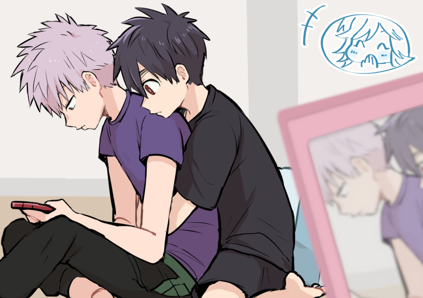 3boys, bishounen, black_hair, black_shirt, blush, cellphone, kodomo_doushi, commentary, commentary_request, couple, grabbing_from_behind, holding, hug, hug_from_behind, iwakiyamayukisatoshironanogojuurokushi_akira, kemono_jihen, kusaka_kabane, looking_at_object, male_focus, multiple_boys, phone, purple_shirt, recording, red_eyes, shirt, shota, simple_background, sketch, smartphone, sy180, tademaru_shiki, white_hair, yaoi