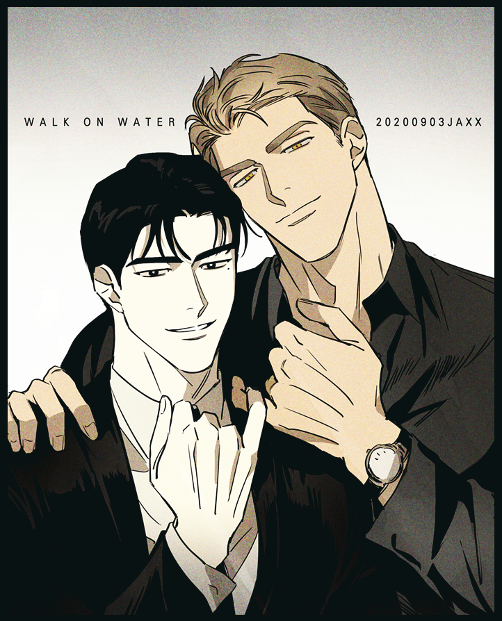 2boys, artist_name, black_eyes, black_hair, black_shirt, blonde_hair, business_suit, collared_shirt