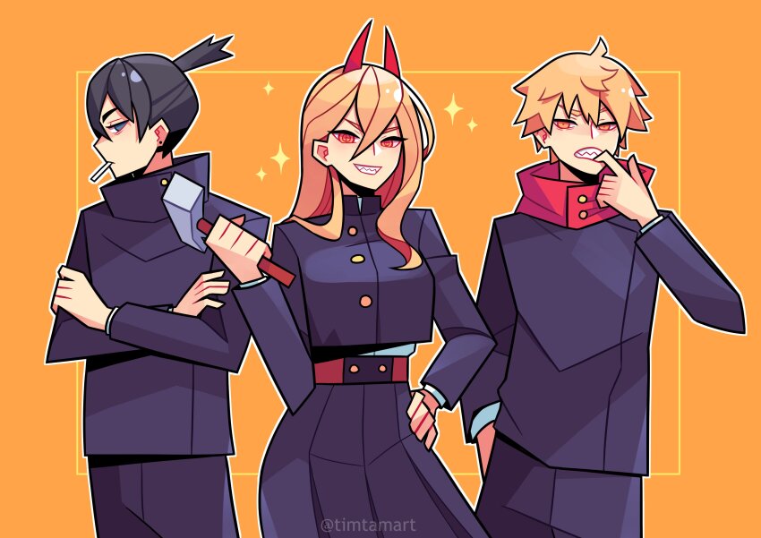 1girl, 2boys, absurdres, black_hair, blonde_hair, blue_eyes, chainsaw_man, cosplay