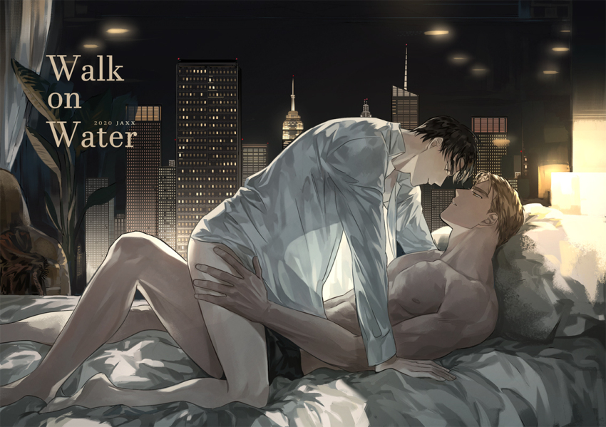 2boys, artist_name, black_hair, blonde_hair, boy_on_top, cityscape, collared_shirt, copyright_name, ed_talbot, glenn_mcqueen, jaxx_s2, looking_at_another, male_focus, multiple_boys, muscular, muscular_male, shirt, walk_on_water, white_shirt, yaoi