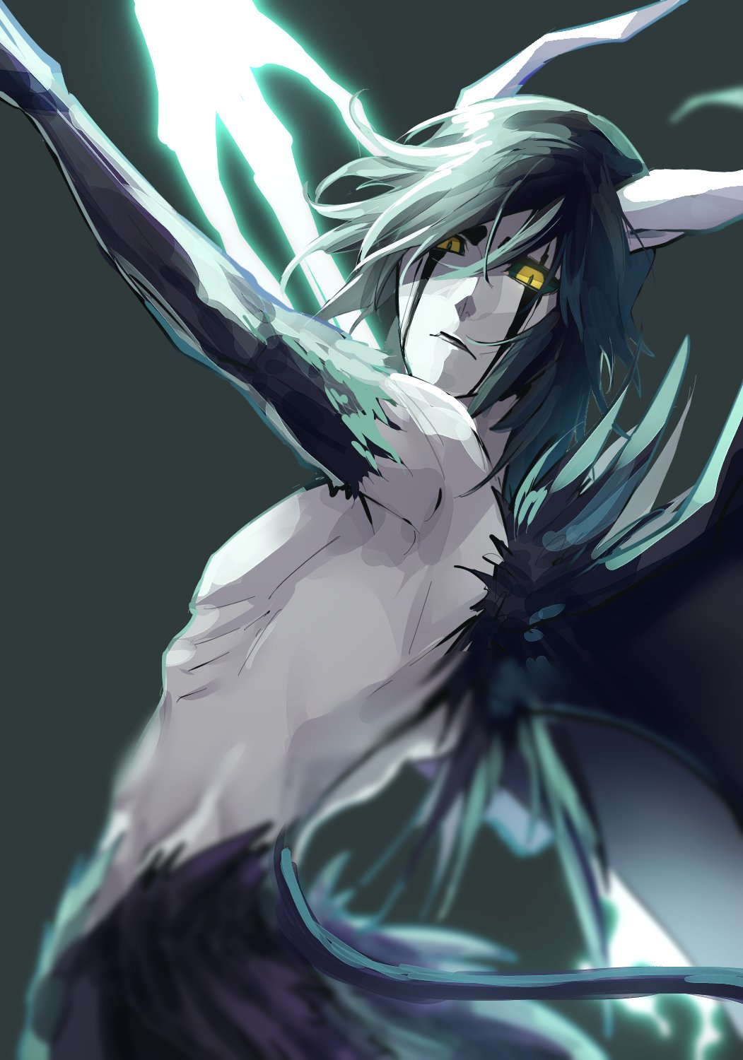 1boy, black_hair, black_wings, bleach, colored_sclera, colored_skin, energy_weapon, green_background