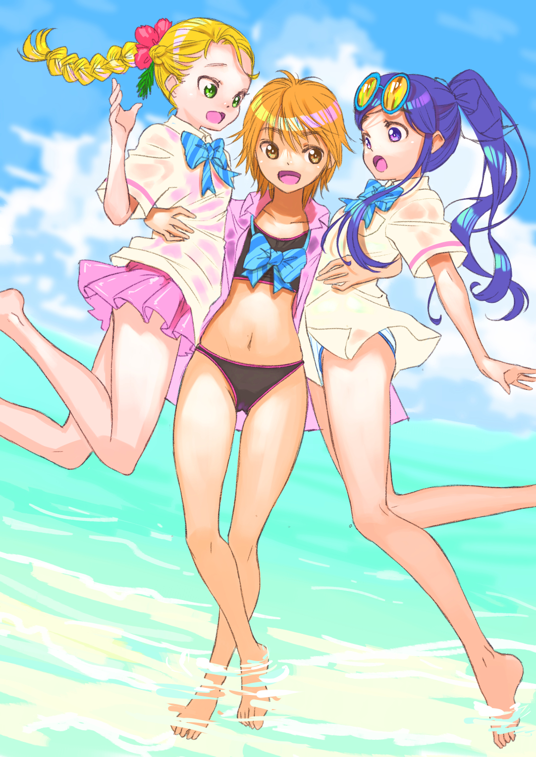 3girls, :d, bare_legs, barefoot, bikini, black_bikini, blonde_hair, blue-tinted_eyewear