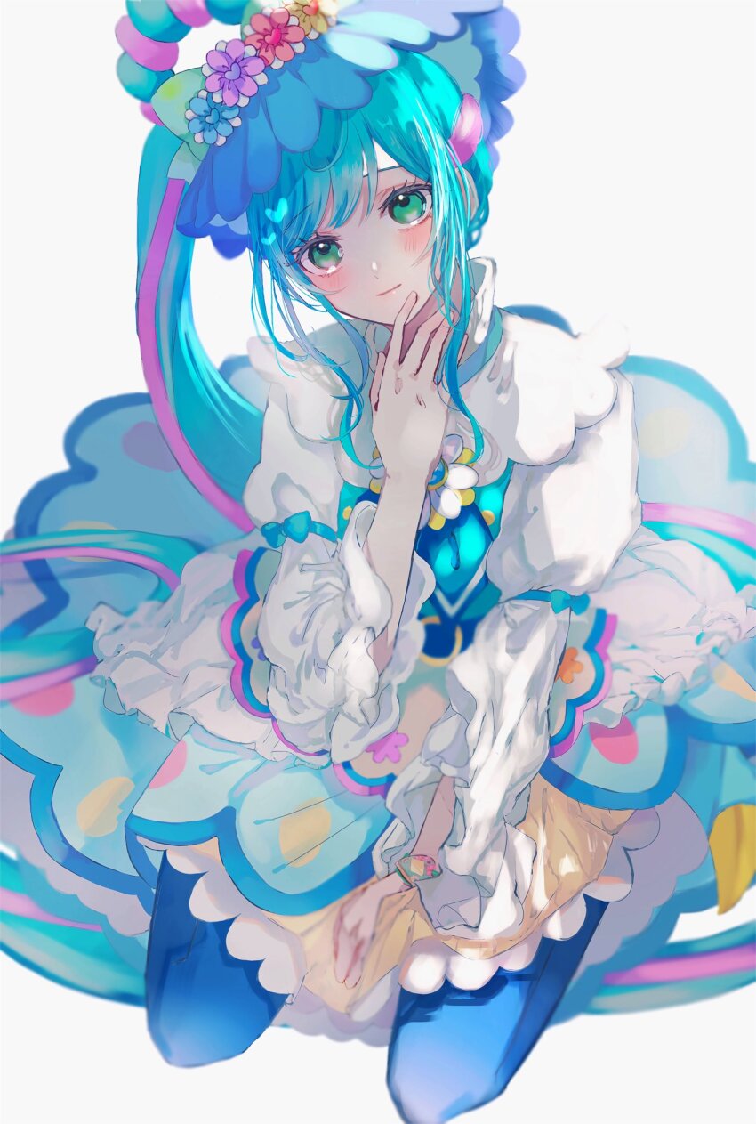 1girl, aqua_eyes, blue_bow, blue_hair, blush, bow, bracelet, cure_spicy
