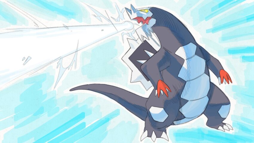 baxcalibur, blue_background, blue_skin, breath_weapon, breathing_ice, claws, colored_skin, dragon