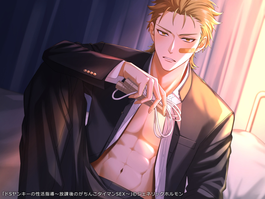 1boy, abs, bandaid, bandaid_on_face, black_pants, blonde_hair, gakuran, indoors