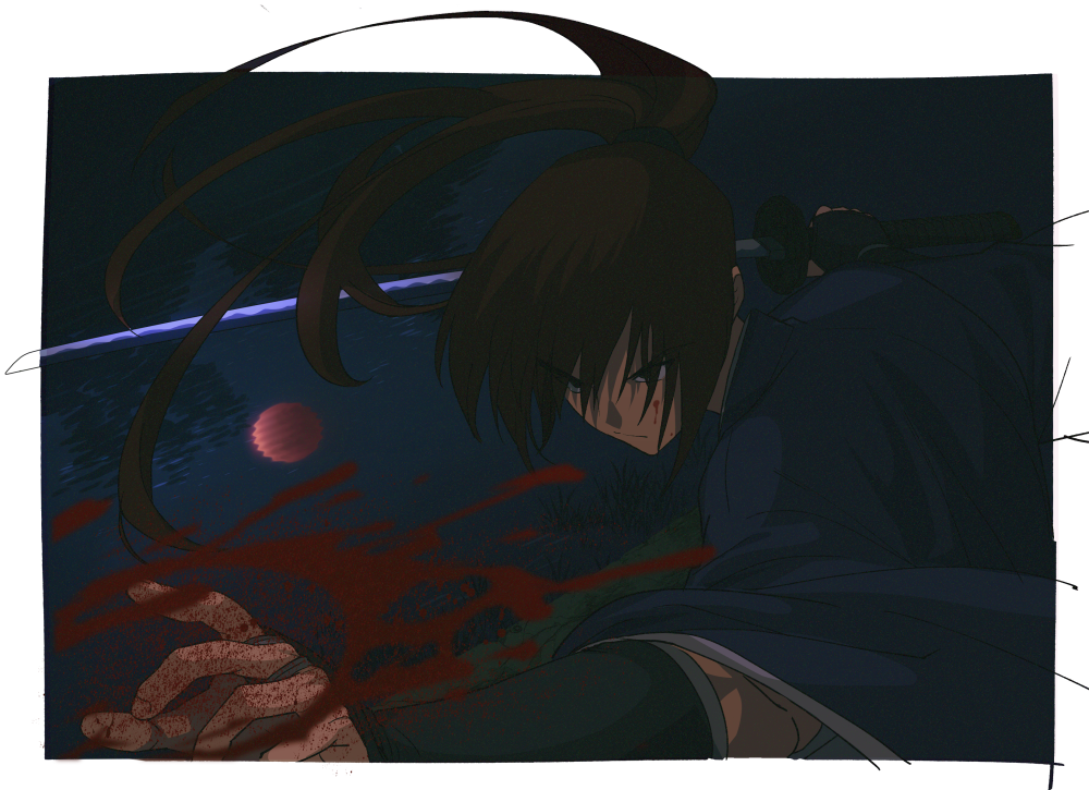 1boy, blood, blood_on_face, blood_splatter, blue_kimono, border, brown_hair, floating_hair
