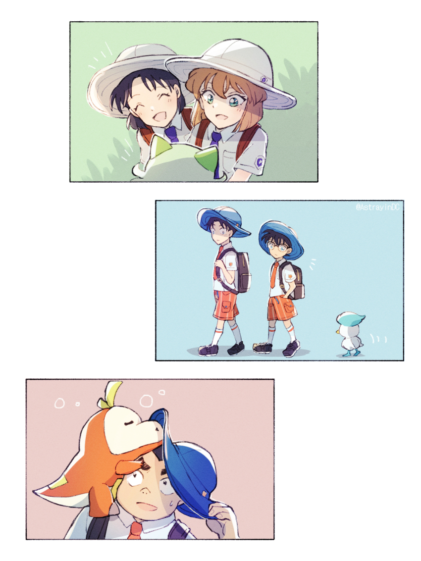 2girls, 3boys, :d, ^_^, astrayin, bag, black_hair, blue_eyes