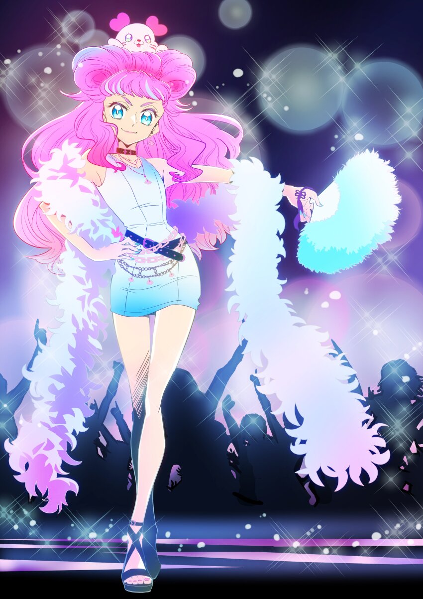 1girl, absurdres, blue_eyes, blue_hair, blunt_bangs, choker, dress, feather_boa, hand_fan, hand_on_own_hip, highres, holding, holding_fan, itaoka1, jewelry, kururun_(precure), laura_la_mer, long_hair, multicolored_hair, necklace, pink_hair, precure, red_choker, short_bangs, solo, streaked_hair, tropical-rouge!_precure, white_dress