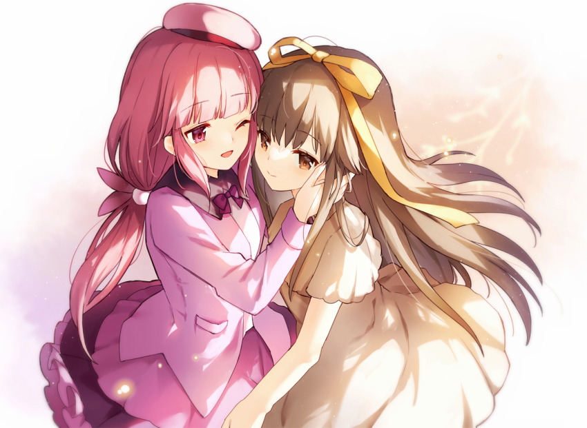 2girls, akinomiya_asuka, blunt_bangs, brown_dress, brown_eyes, brown_hair, chinese_commentary, collared_shirt, commentary_request, doll_nus, dress, euphotrice_rappaccini, frilled_skirt, frills, hair_ribbon, hat, jacket, little_doll_queen, long_hair, long_sleeves, multiple_girls, one_eye_closed, open_clothes, open_jacket, open_mouth, orange_ribbon, original, pink_eyes, pink_hair, pink_headwear, pink_jacket, pink_skirt, puffy_short_sleeves, puffy_sleeves, ribbon, shirt, short_sleeves, skirt, smile, touhou, white_shirt