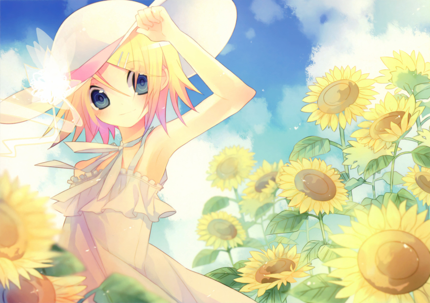 1girl, aqua_eyes, armpits, bare_shoulders, blonde_hair, blush, cloud, day