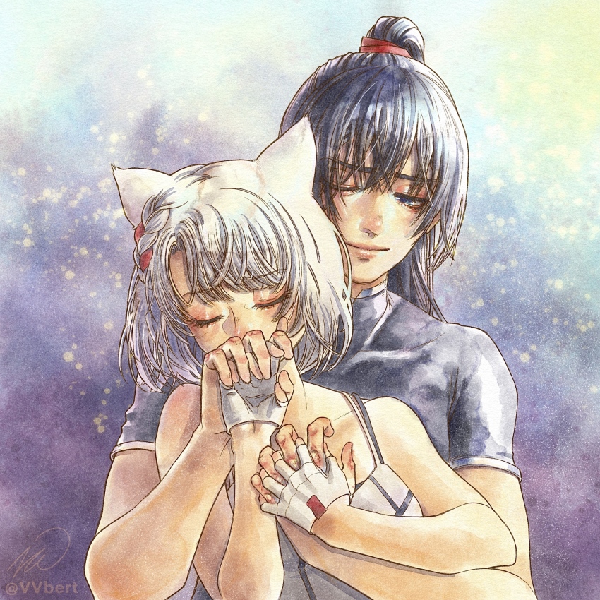 1boy, 1girl, animal_ears, black_hair, braid, cat_ears, closed_eyes, couple