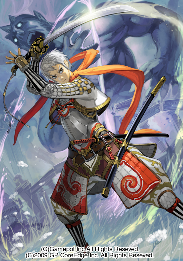 00s, 1boy, 2009, alteil_ii, armor, dutch_angle, fighting_stance, haidate, japanese_armor, katana, kote, kusazuri, male_focus, monster, samurai, suneate, sword, takayama_toshiaki, weapon