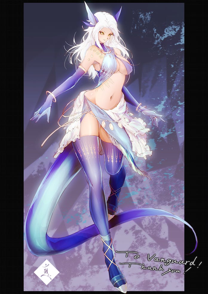 1girl, blue_thighhighs, bracelet, breasts, cleavage, commission, dragon_horns, dragon_tail