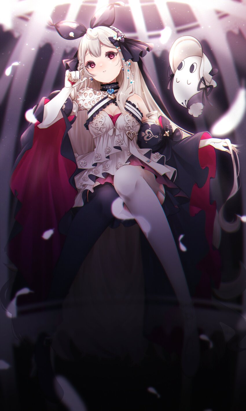 1girl, absurdres, asymmetrical_legwear, black_bow, black_choker, black_ribbon, black_thighhighs, bow