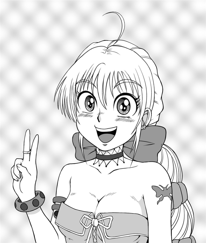 1girl, bare_shoulders, breasts, cleavage, greyscale, hair_ribbon, long_hair, looking_at_viewer