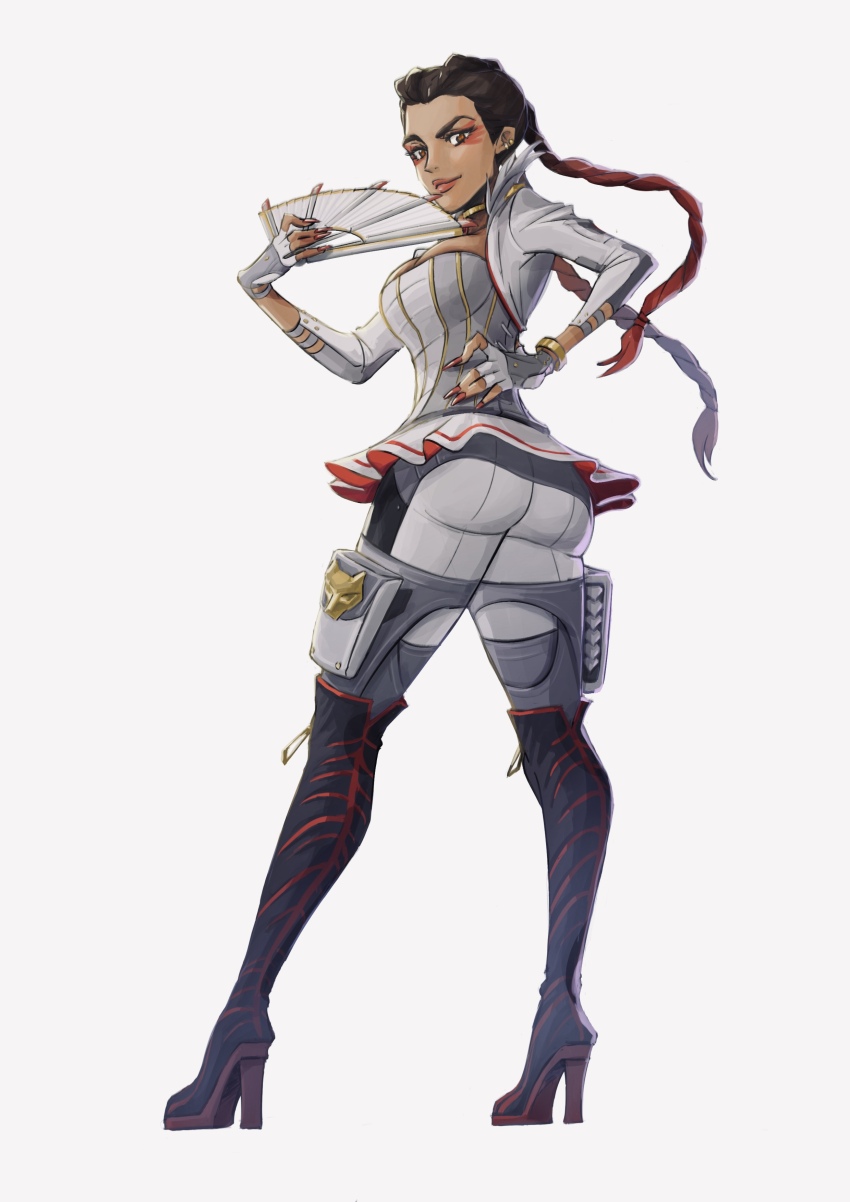 1girl, absurdres, animification, apex_legends, ass, black_boots, boots, braid, breasts, brown_eyes, brown_hair, eyeshadow, fingerless_gloves, fingernails, floating_hair, folding_fan, from_behind, full_body, garra_de_alanza, gloves, hand_fan, hand_on_own_hip, high_heel_boots, high_heels, highres, holding, holding_fan, loba_(apex_legends), long_fingernails, long_hair, looking_back, makeup, medium_breasts, pants, red_eyeshadow, red_hair, red_nails, smile, solo, thigh_boots, twin_braids, very_long_hair, white_pants, yaco_(085)