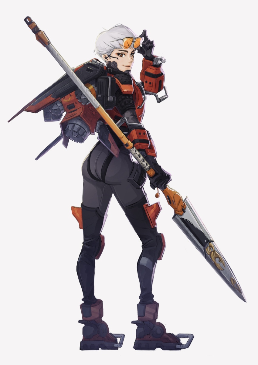 1girl, absurdres, adjusting_eyewear, animification, apex_legends, ass, aviator_sunglasses, birthright_valkyrie, black_gloves, bodysuit, boots, eyewear_on_head, from_behind, full_body, gloves, grey_bodysuit, hand_on_eyewear, highres, holding, holding_polearm, holding_weapon, jetpack, looking_at_viewer, looking_back, official_alternate_costume, polearm, short_hair, smile, solo, sunglasses, suzaku_(apex_legends), thrusters, valkyrie_(apex_legends), weapon, yaco_(085)