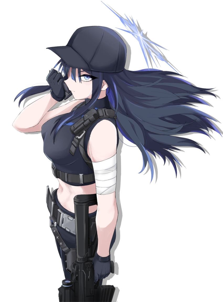 1girl, bandaged_arm, bandages, bare_shoulders, baseball_cap, belt, black_gloves, black_hair, black_hat, black_shirt, blue_archive, blue_eyes, breasts, commentary_request, cowboy_shot, crop_top, floating_hair, gloves, gun, halo, hand_up, hat, highres, holding, holding_gun, holding_weapon, large_breasts, long_hair, midriff, navel, partial_commentary, rifle, saori_(blue_archive), shin_ala, shirt, sleeveless, sleeveless_shirt, solo, standing, stomach, weapon