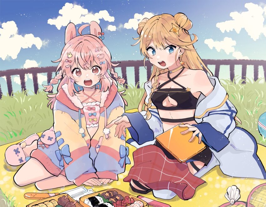 2girls, ahoge, animal_ears, bento, blonde_hair, blue_eyes, blue_sky, braid, breasts, choker, cleavage_cutout, clothing_cutout, cloud, collarbone, commentary, commission, criss-cross_halter, day, double_bun, english_commentary, fence, full_body, grass, hair_bun, hair_ornament, halterneck, jacket, kaneko_lumi, kaneko_lumi_(1st_costume), medium_breasts, mozu10bi, multiple_girls, off_shoulder, open_mouth, outdoors, pajamas, phase_connect, picnic, pink_eyes, pink_hair, pink_pajamas, pink_slippers, pipkin_pippa, pipkin_pippa_(1st_costume), rabbit_ears, rabbit_girl, second-party_source, seiza, sitting, sky, slippers, star_(symbol), star_hair_ornament, sunlight, virtual_youtuber, wooden_fence, yokozuwari