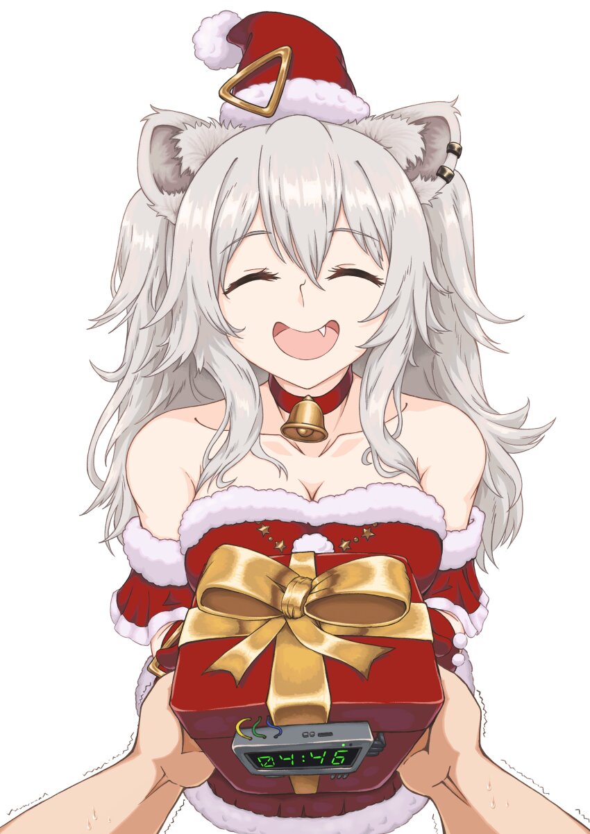 1girl, :d, absurdres, animal_ears, bell, bomb, breasts, choker, christmas, cleavage, commentary, dress, earclip, explosive, facing_viewer, fang, gift, grey_hair, hat, highres, holding, holding_gift, hololive, ivanhc_9420, large_breasts, lion_ears, long_hair, neck_bell, off-shoulder_dress, off_shoulder, open_mouth, pov, red_choker, red_dress, red_headwear, santa_hat, shishiro_botan, short_dress, smile, star_(symbol), time_bomb, trembling, virtual_youtuber