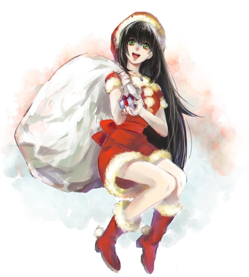 1girl, black_hair, breasts, christmas, dress, full_body, fur_trim, gensou_suikoden