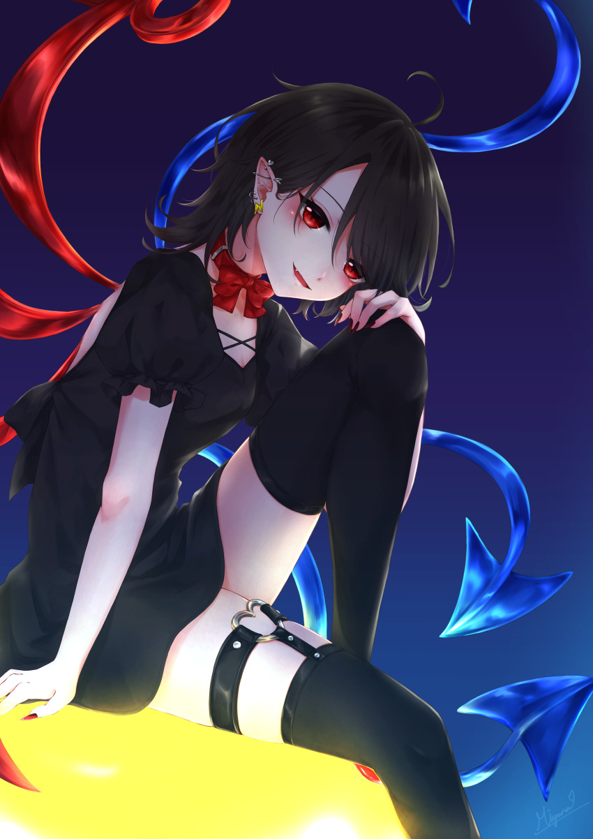 1girl, absurdres, ahoge, asymmetrical_wings, backless_dress, backless_outfit, black_dress, black_hair, black_thighhighs, blue_background, blue_wings, blush, bow, bow_choker, bowtie, breasts, choker, cleavage, commentary_request, dress, ear_piercing, earrings, fang, foot_out_of_frame, frilled_sleeves, frills, gradient_background, hair_between_eyes, heart, heart_o-ring, highres, houjuu_nue, jewelry, looking_at_viewer, miyuna, multiple_earrings, o-ring, o-ring_thigh_strap, open_mouth, piercing, pointy_ears, puffy_short_sleeves, puffy_sleeves, purple_background, red_bow, red_bowtie, red_choker, red_eyes, red_wings, short_dress, short_hair, short_sleeves, signature, sitting, small_breasts, smile, solo, thigh_strap, thighhighs, touhou, wings