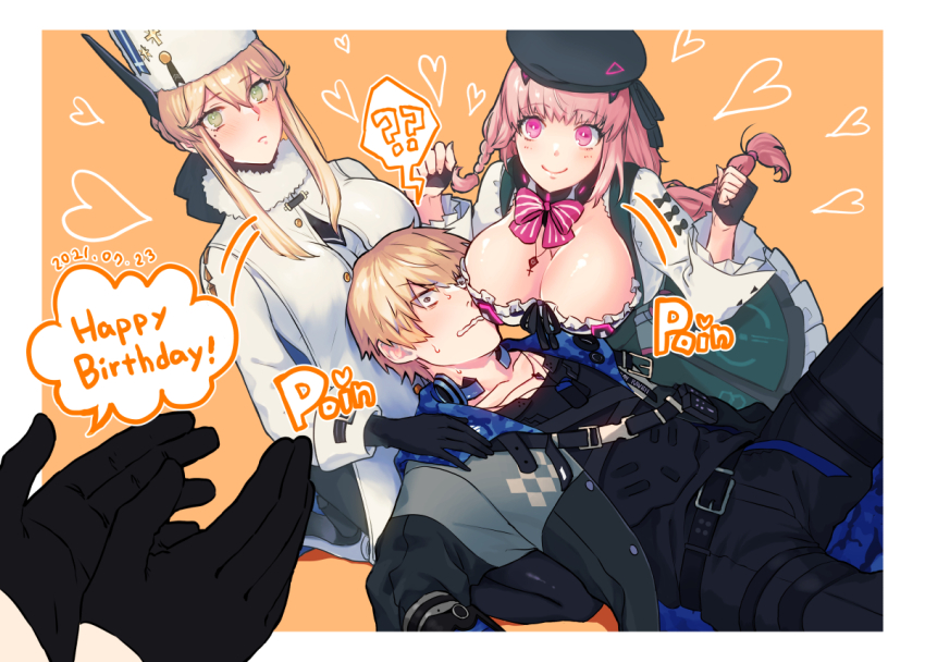 1boy, 2girls, ayla:_brilliance_(pgr), ayla_(pgr), between_breasts, bianca:_zero_(pgr), bianca_(pgr), blonde_hair, blush, bow, bowtie, braid, braided_ponytail, breasts, face_between_breasts, happy_birthday, hat, head_between_breasts, jewelry, lap_pillow, large_breasts, lee:_entropy_(pgr), lee_(pgr), long_hair, multiple_girls, necklace, orange_background, pink_eyes, pink_hair, pout, punishing:_gray_raven, sachiko_y, short_hair, sidelocks, simple_background