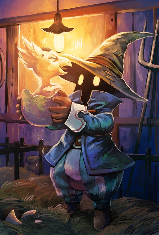 00s, 1boy, bird, black_mage_(final_fantasy), chocobo, egg, final_fantasy, final_fantasy_ix, gloves, glowing, glowing_eyes, hat, hatching, male_focus, nyoro_ri, solo, vivi_ornitier, witch_hat