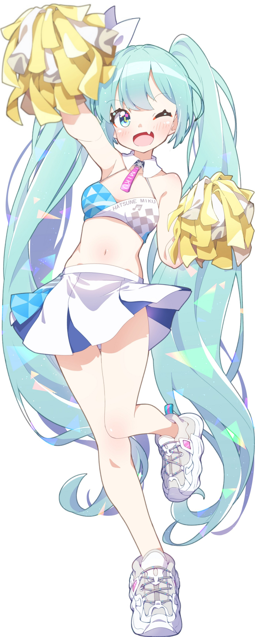 1girl, absurdres, alternate_costume, aqua_eyes, aqua_hair, armpits, blue_archive, blush, cheering, cheerleader, cosplay, crop_top, full_body, fuusen_neko, hatsune_miku, hatsune_miku_(blue_archive), highres, holding, holding_pom_poms, long_hair, looking_at_viewer, midriff, millennium_cheerleader_outfit_(blue_archive), navel, one_eye_closed, open_mouth, pom_pom_(cheerleading), pom_poms, shoes, simple_background, skirt, smile, sneakers, solo, standing, standing_on_one_leg, stomach, stomach_day, twintails, very_long_hair, vocaloid, white_background, white_skirt