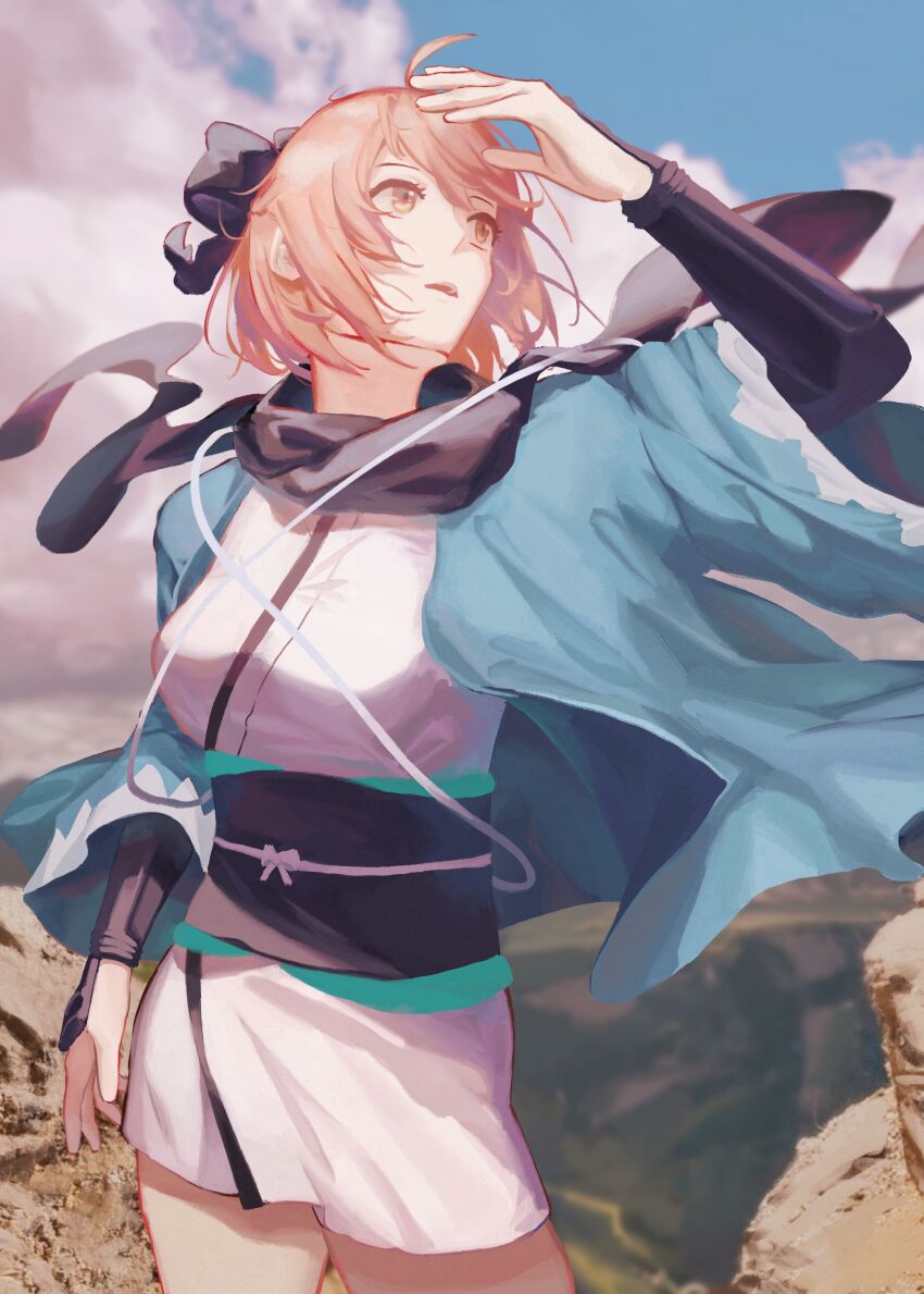 1girl, absurdres, ahoge, arm_guards, black_bow, black_scarf, blonde_hair, blurry