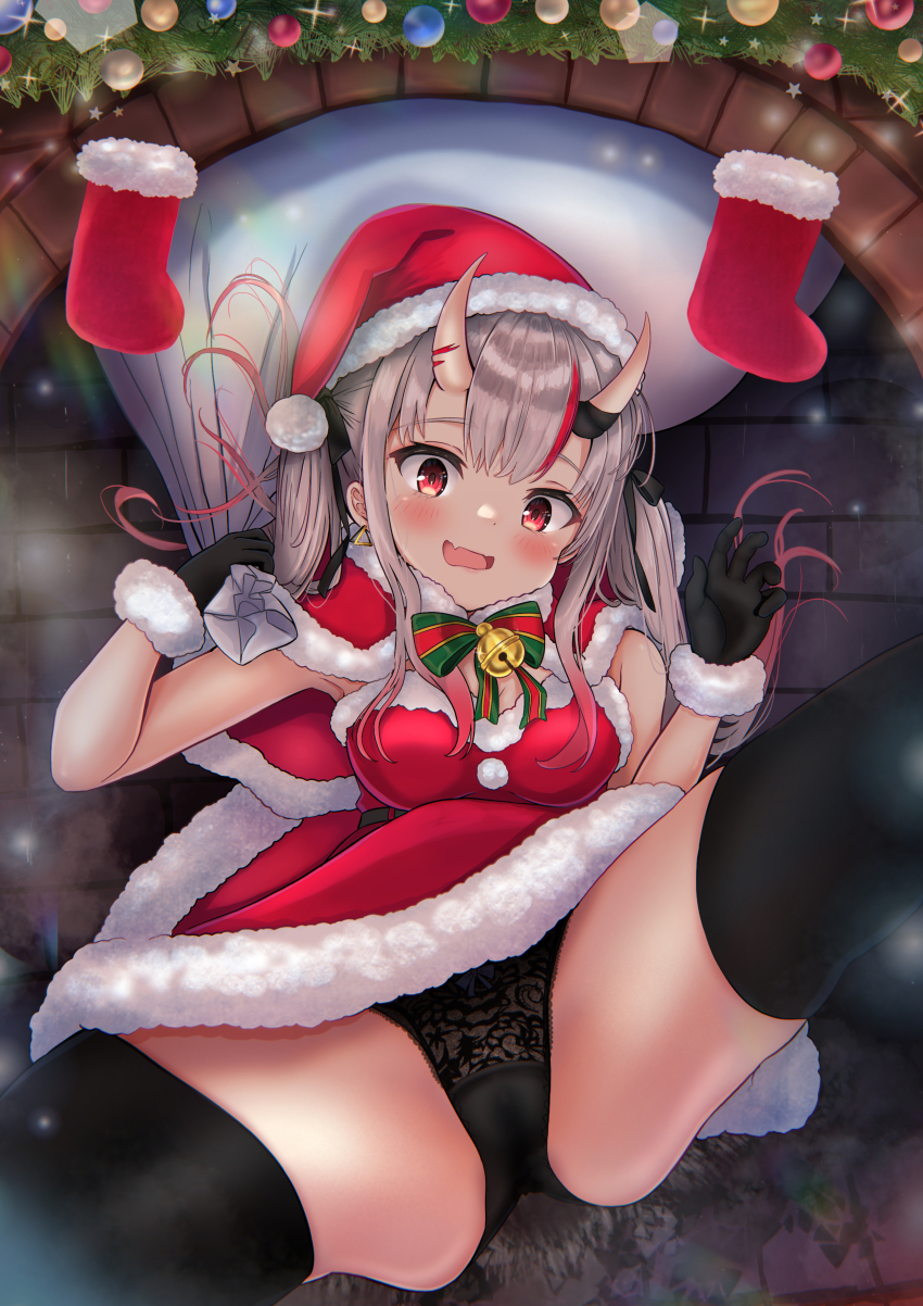 1girl, absurdres, black_gloves, black_panties, black_ribbon, black_thighhighs, blush, breasts