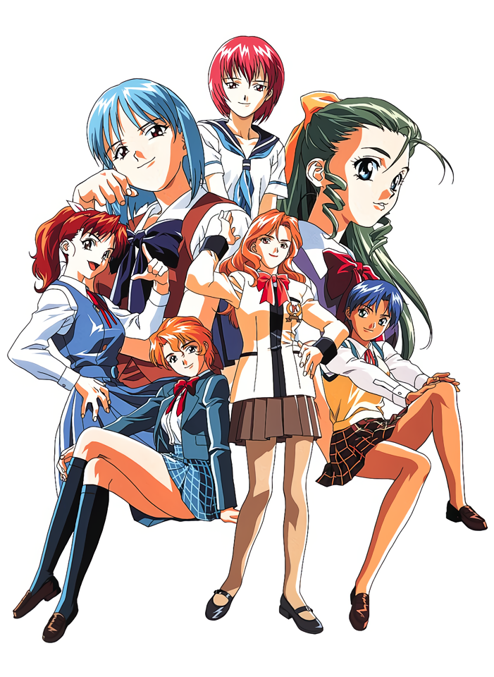 6+girls, arm_up, black_footwear, blazer, blonde_hair, blue_eyes, blue_hair, blue_jacket