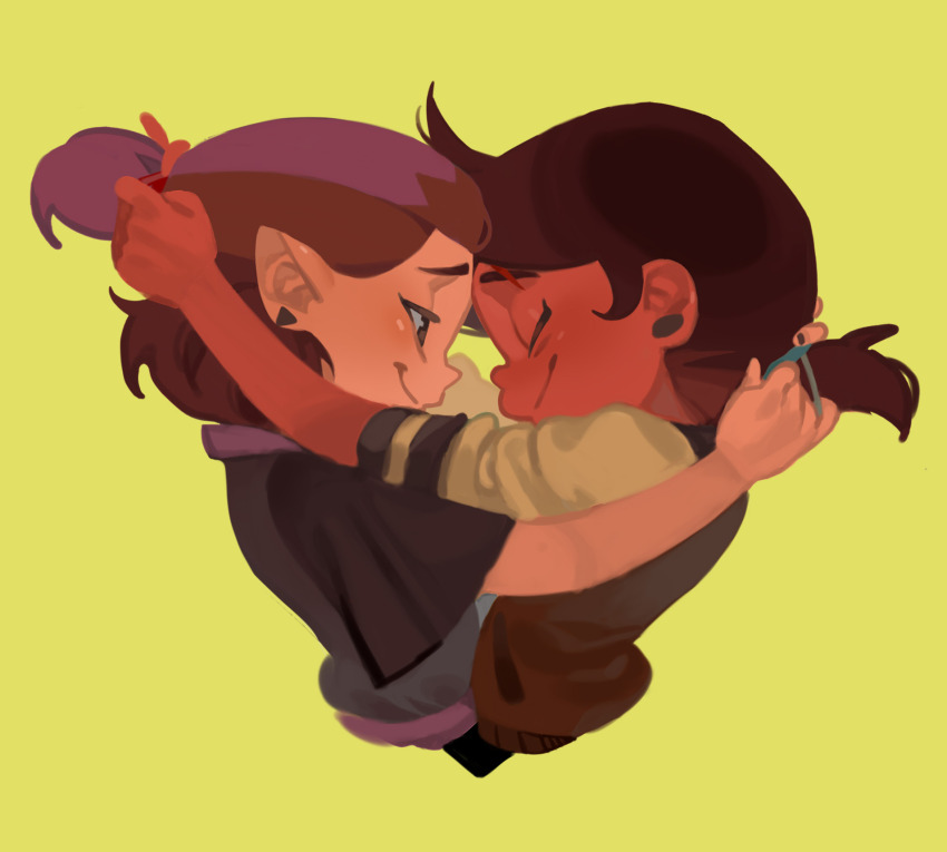 2girls, amity_blight, brown_hair, closed_eyes, couple, dark-skinned_female, dark_skin, eyebrow_cut