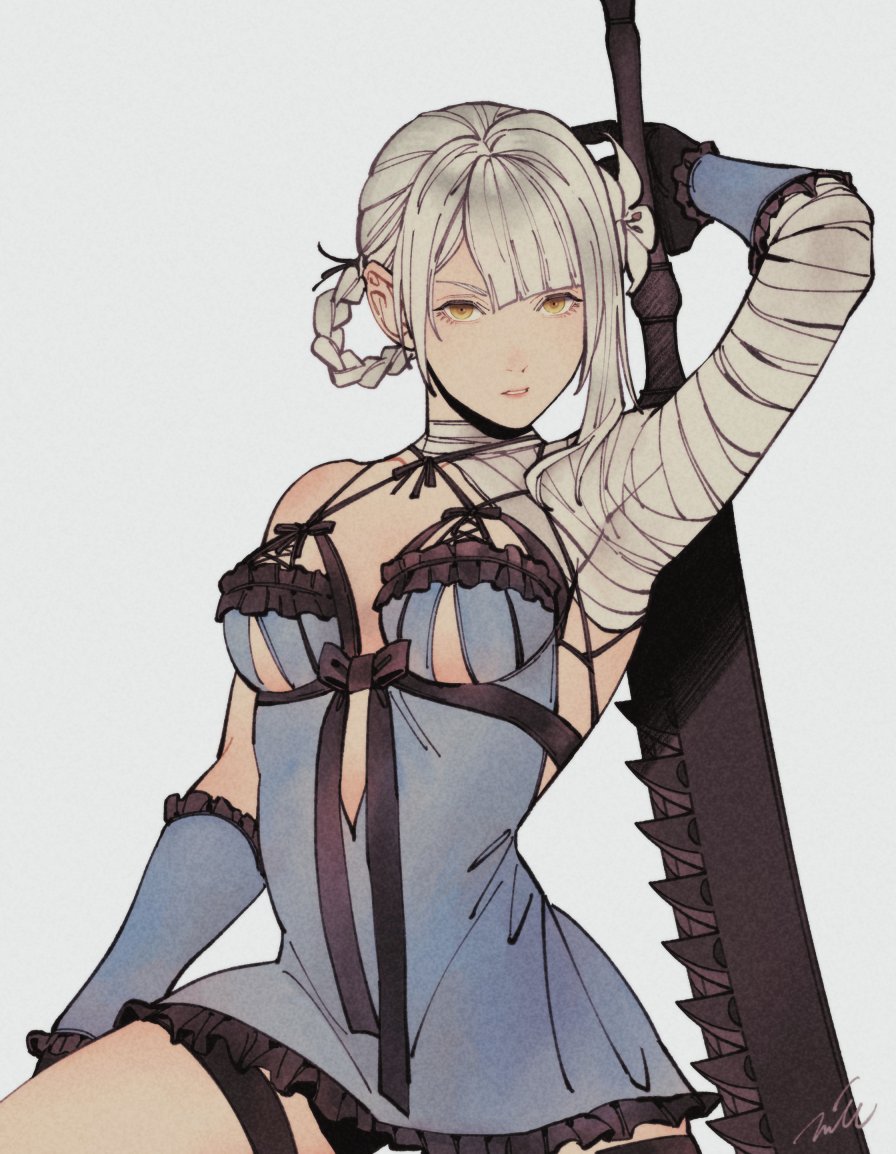 1girl, bandaged_arm, bandaged_neck, bandages, black_gloves, blue_dress, blunt_bangs, braid, braided_hair_rings, breasts, cowboy_shot, dress, flower, gloves, grey_background, grey_hair, hair_flower, hair_ornament, hair_rings, holding, holding_behind_back, holding_sword, holding_weapon, holding_weapon_behind_back, kaine_(nier), lily_(flower), lingerie, looking_at_viewer, medium_breasts, mim_(mimya0600), negligee, nier_(series), parted_lips, short_dress, signature, single_bare_shoulder, single_sidelock, solo, sword, underboob, underwear, weapon, white_flower, yellow_eyes
