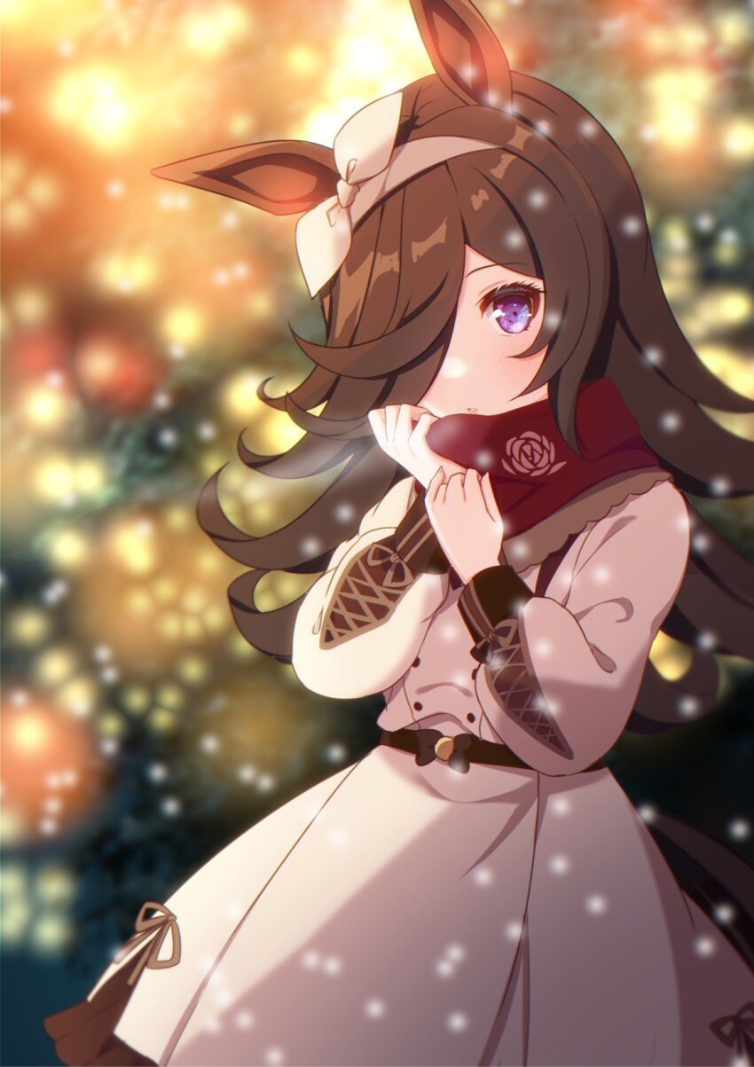 1girl, animal_ears, black_hair, blush, brown_coat, coat, covering_own_mouth, hair_over_one_eye, hairband, highres, horse_ears, horse_girl, long_hair, looking_at_viewer, purple_eyes, red_scarf, rice_shower_(casual)_(umamusume), rice_shower_(umamusume), scarf, setsura_(aowata35), solo, umamusume, white_hairband
