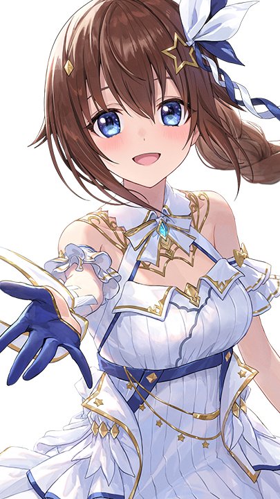 1girl, :d, bare_shoulders, blue_eyes, blue_gloves, braid, breasts, brown_hair, commentary, dress, gloves, guchico, hair_between_eyes, hair_ornament, half_gloves, hololive, light_blush, long_hair, looking_at_viewer, medium_breasts, open_mouth, outstretched_arm, simple_background, smile, solo, star_(symbol), star_hair_ornament, untranslatable_commentary, tokino_sora, tokino_sora_(birthday_2022), virtual_youtuber, white_background, white_dress